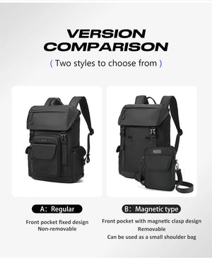 Black detachable backpack with detachable small messenger pocket, regular and magnetic views