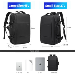 Black travel backpack front view with measurements for small and large sizes