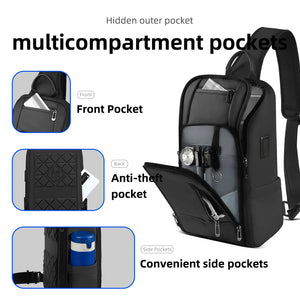Black multicompartment chest bag with front, back, and side zip pockets
