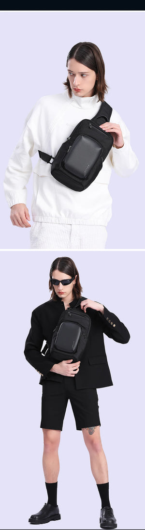White and black compact crossbody bags shown on a model from the front