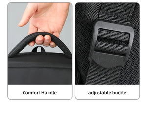 Black waterproof travel backpack comfort handle with adjustable buckle detail