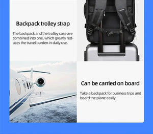 Waterproof travel backpack with trolley strap for carrying on rolling luggage handle