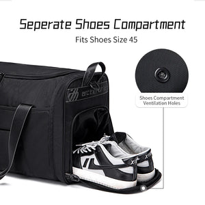 Waterproof duffel bag with dedicated shoe compartment and ventilation holes.