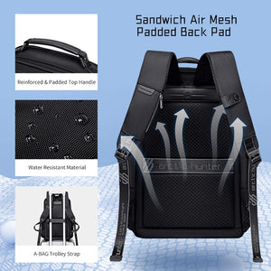 Black backpack with mesh padded back panel, reinforced top handle, and side straps.