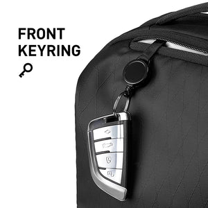 Black backpack front keyring attachment with metal clip and small key holder