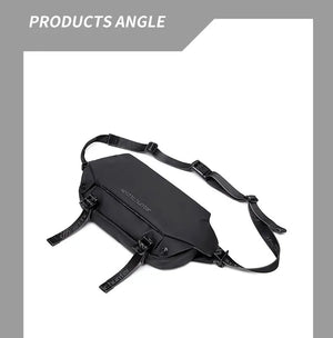 Black crossbody bag shown from side, with adjustable strap and front buckle details.
