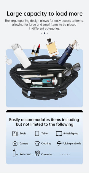Black waterproof backpack with wide opening, holding travel essentials