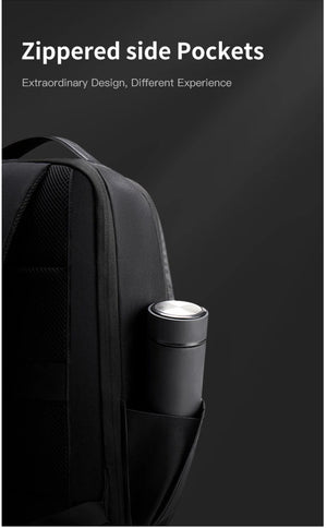 Black backpack with zippered side pocket holding a cylindrical bottle