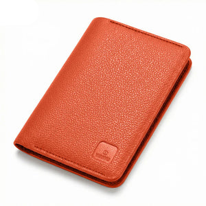 Slim orange leather passport wallet with RFID card slot and embossed logo