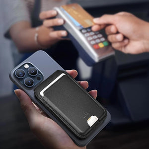 Black leather MagSafe card holder wallet on phone with exposed card slot window