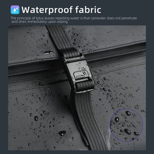 Waterproof black messenger bag fabric with seam and buckle; raindrop texture detail