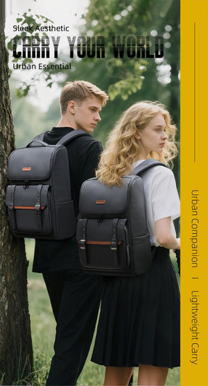 Black commuter backpack with flap front, metal buckles, and padded shoulder straps