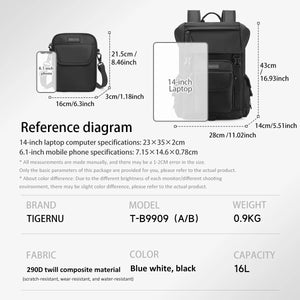 Black waterproof crossbody messenger backpack with dimensions and front laptop compartment