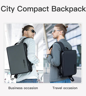 Black city compact backpack shown from front and back while worn