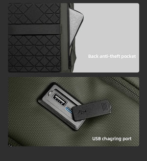 Green backpack with anti-theft back pocket and visible USB charging port