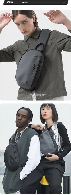 Grey waterproof crossbody sling bag worn over the shoulder with front pocket.