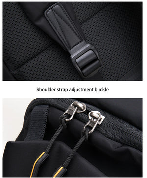 Black backpack close-up of shoulder strap adjustment buckles
