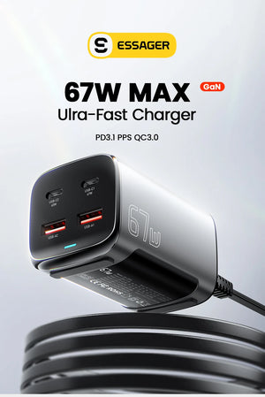 ESSAGER 67W GaN USB-C Desktop Charger with Quick Charge 3.0, PPS and PD3.1 - Black