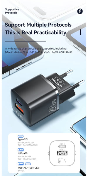 ESSAGER 20W GaN USB Charger with PD Fast Charging and QC3.0 - Black