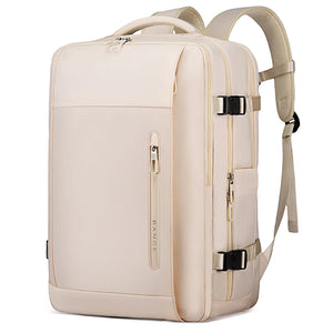 Light beige waterproof travel backpack with front zip pocket and adjustable shoulder straps