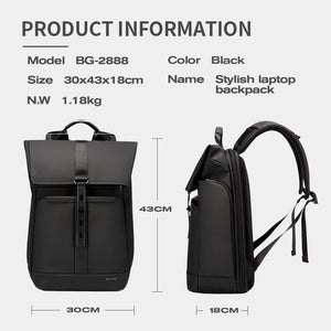 Black large-capacity travel backpack with top flap, front pocket, side carry handle, and straps.