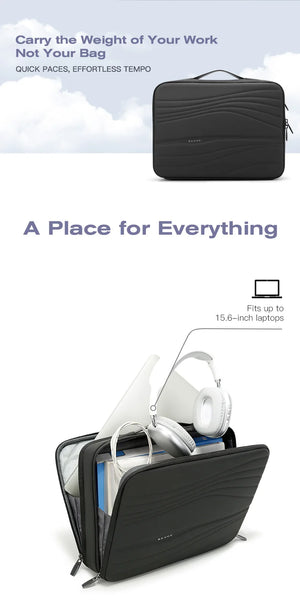 Black laptop sleeve with top handle and side zipper; compact padded design