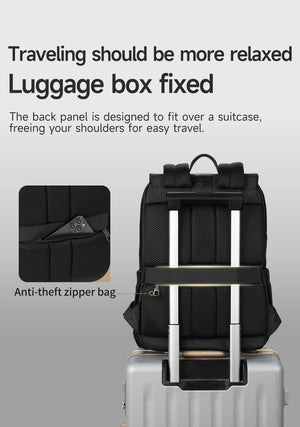 Black compact commuter backpack with anti-theft zipper and back panel for suitcase handle