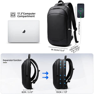 Black travel backpack with 17.3-inch computer compartment and expandable side panel