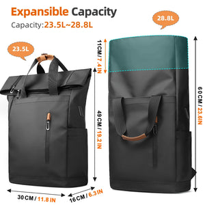 Black expandable roll-top backpack with side flap pocket; size diagram shows height and capacity.