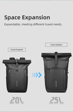 Black expandable roll-top backpack shown expanded from 20L to 25L