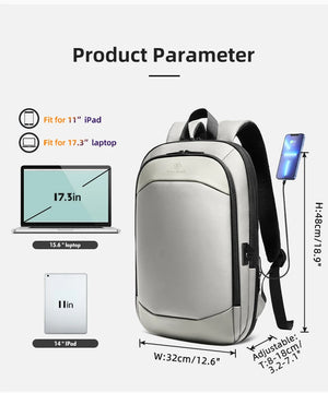 Light grey travel backpack with front zipper, padded back, and adjustable shoulder straps