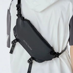 Black waterproof crossbody sling bag with zip and adjustable shoulder strap