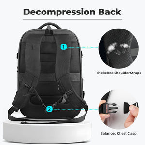 Black backpack with thick padded shoulder straps and adjustable chest clasp