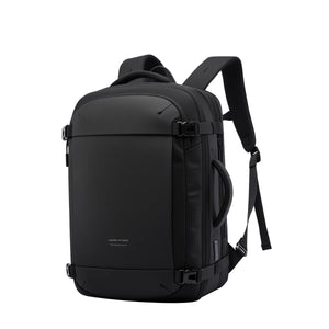 Black expandable waterproof business backpack with front compartment and shoulder straps
