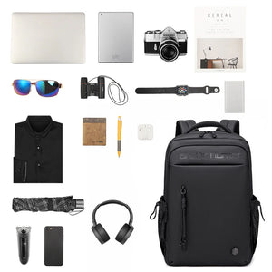 Black travel backpack with arctic hunter logo, top handle, and front zipper pocket