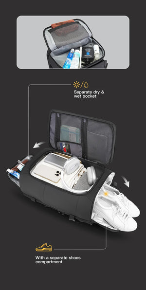 Waterproof backpack with separate shoes compartment and roomy interior pockets