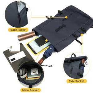 Dark roll-top backpack with front pocket, side pocket, and adjustable shoulder straps