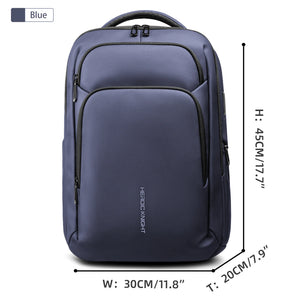 Blue waterproof backpack with dual front compartments and top handle