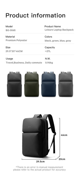 Water-resistant travel backpack with size and capacity info, shown in multiple colors