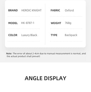 Product information card for HEROIC KNIGHT HK8787-1 luxury black expandable backpack
