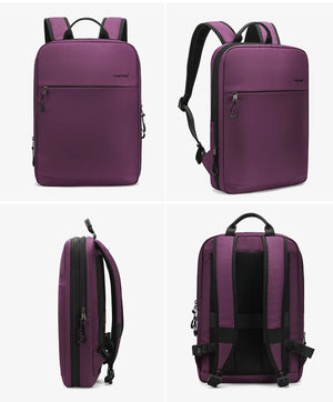 Purple compact waterproof backpack shown from front, side, and back angles