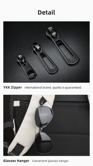 Backpack zipper pulls detail with black zip tracks and metal sliders