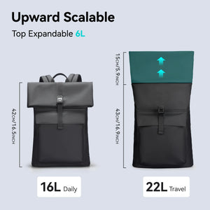 Expandable roll-top backpack shown in grey and dark with teal top section