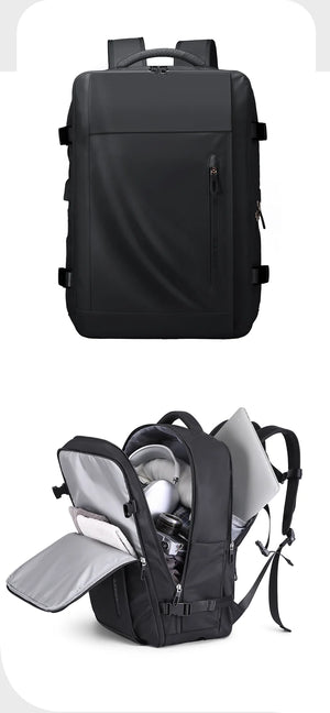 Black travel backpack front and open interior view with side straps and compartment lining