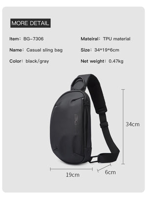 Crossbody sling bag in black/gray with dimensions shown, adjustable shoulder strap.