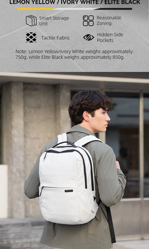 White compact laptop backpack with black trim worn on a person’s back