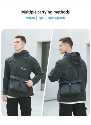 Black messenger crossbody bag worn by a model, showing front and back carry