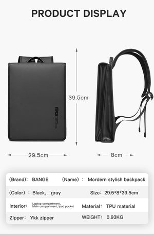 Compact waterproof business laptop backpack, dark black with front logo