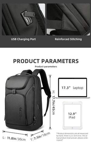 Black travel backpack with USB charging port and reinforced stitching on straps
