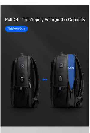 Black backpack showing expanded thickness from a thicker side panel